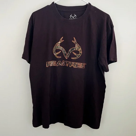Realtree Men’s Brown Hunting T-Shirt with Orange/Camo Antler Logo Size Large - Picture 1 of 4